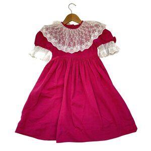 80s Girls Dress By Hollydays Hot Pink with White Trim Ruffle Size 6 Vintage
